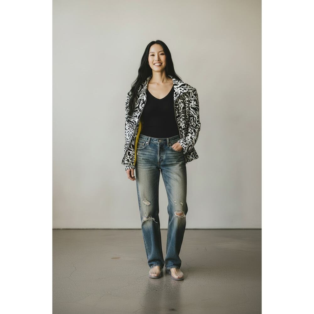 MISHCA Animal Print Yellow Lining Ruching Full Zip Blazer - Size S - Picture 1 of 7